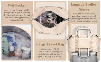 Travel Duffel Bag, Sports Tote Gym Bag, Shoulder Weekender Overnight Bags for Women with Trolley Sleeve, Foldable Carry on Bag