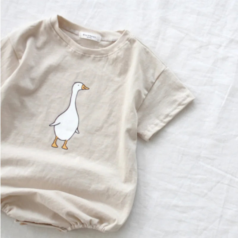 Korean Style Summer Baby Boy Bodysuit Cartoon Goose Print O-neck Short Sleeve Jumpsuit  Newborn Cotton Crawling Clothes E7325