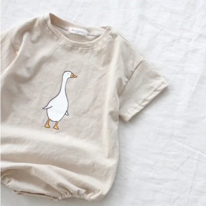 Korean Style Summer Baby Boy Bodysuit Cartoon Goose Print O-neck Short Sleeve Jumpsuit  Newborn Cotton Crawling Clothes E7325