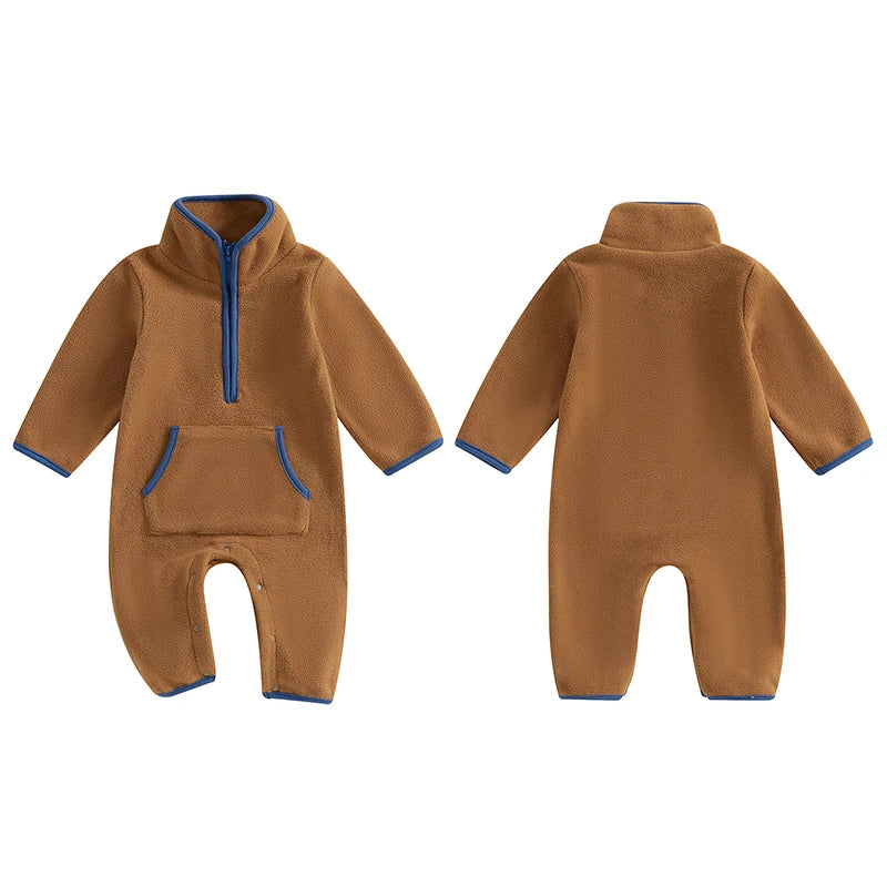 Lioraitiin 0-12M Autumn Winter Baby Boys Fleece Romper Long Sleeve Stand Collar Pockets Plush Overalls Jumpsuits with Zipper