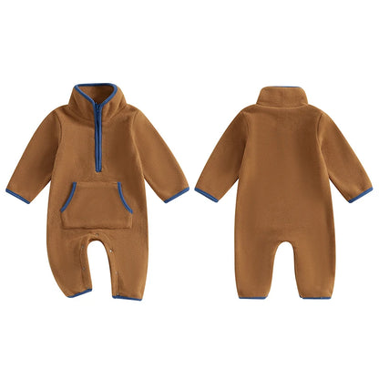 Lioraitiin 0-12M Autumn Winter Baby Boys Fleece Romper Long Sleeve Stand Collar Pockets Plush Overalls Jumpsuits with Zipper
