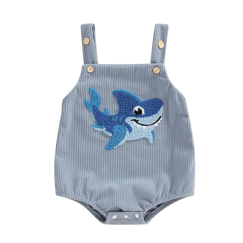 Lioraitiin Baby Girls Boys Summer Romper Sleeveless Dinosaur/Shark Embroidery Button Casual Romper