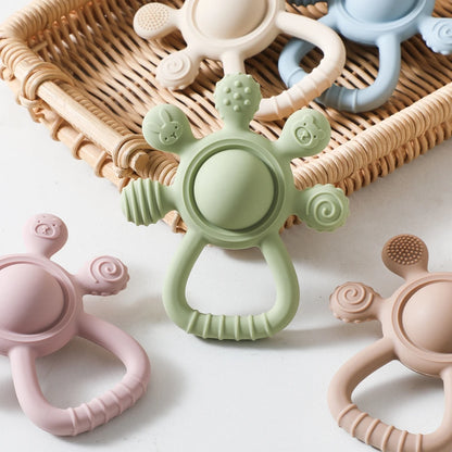 Silicone Teether,Food Grade Baby 0-12 Toys,Teething Rattle Sensory Toys for Toddlers,Silicone Hand Bell,Silicone Soothing Toys
