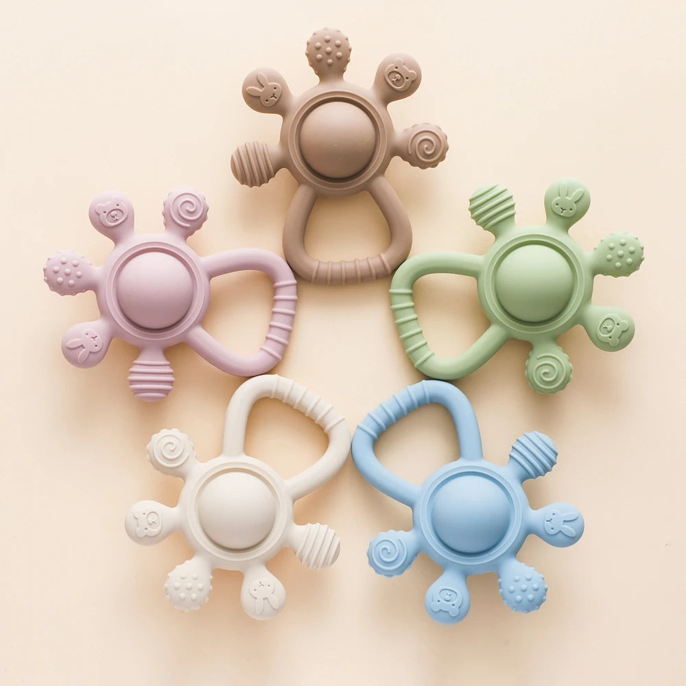 Silicone Teether,Food Grade Baby 0-12 Toys,Teething Rattle Sensory Toys for Toddlers,Silicone Hand Bell,Silicone Soothing Toys