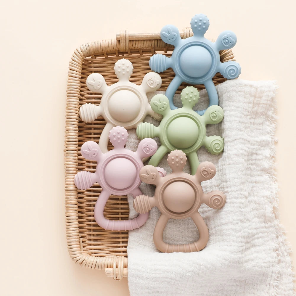 Silicone Teether,Food Grade Baby 0-12 Toys,Teething Rattle Sensory Toys for Toddlers,Silicone Hand Bell,Silicone Soothing Toys