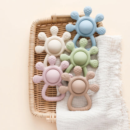 Silicone Teether,Food Grade Baby 0-12 Toys,Teething Rattle Sensory Toys for Toddlers,Silicone Hand Bell,Silicone Soothing Toys