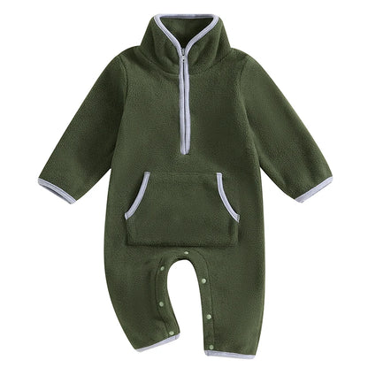 Lioraitiin 0-12M Autumn Winter Baby Boys Fleece Romper Long Sleeve Stand Collar Pockets Plush Overalls Jumpsuits with Zipper