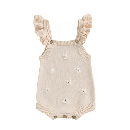 Lioraitiin Newborn Baby Girls Knitted Rompers Spring Summer Toddler Kids Ruffles Floral Embroidery Jumpsuits Playsuits Clothes