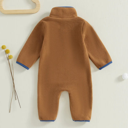 Lioraitiin 0-12M Autumn Winter Baby Boys Fleece Romper Long Sleeve Stand Collar Pockets Plush Overalls Jumpsuits with Zipper