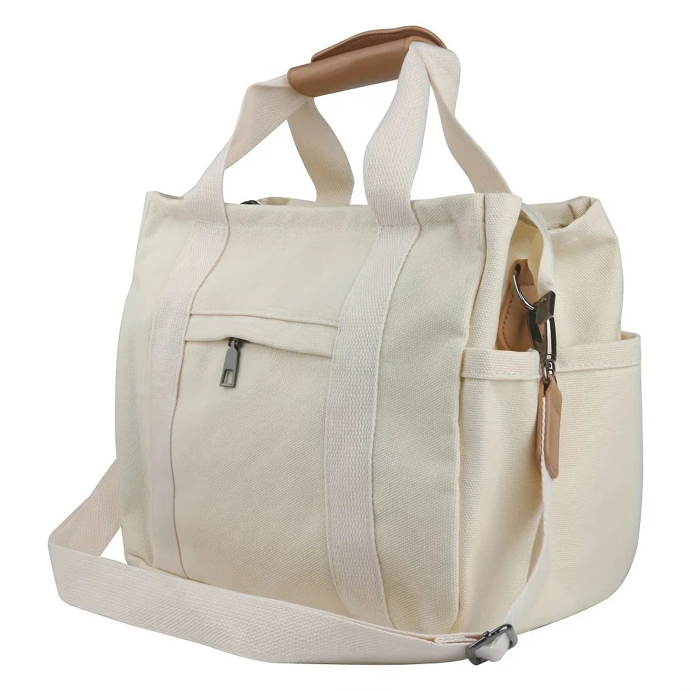 Women's Casual Canvas Crossbody Tote Bag With Multiple Pockets, Adjustable Shoulder Strap, Versatile Handbag For Daily Use