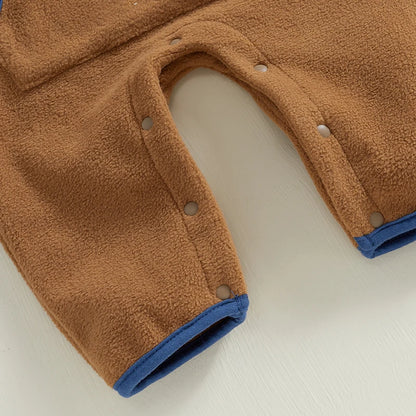 Lioraitiin 0-12M Autumn Winter Baby Boys Fleece Romper Long Sleeve Stand Collar Pockets Plush Overalls Jumpsuits with Zipper