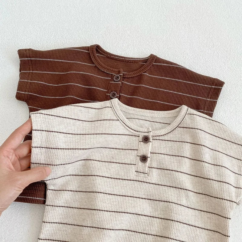 Children's clothing 0-3 year old summer new striped pure cotton boy T-shirt shorts set beach vacation girl short sleeved set