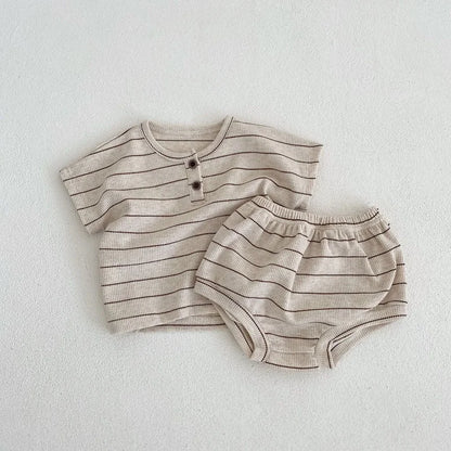 Children's clothing 0-3 year old summer new striped pure cotton boy T-shirt shorts set beach vacation girl short sleeved set