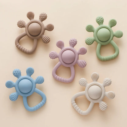 Silicone Teether,Food Grade Baby 0-12 Toys,Teething Rattle Sensory Toys for Toddlers,Silicone Hand Bell,Silicone Soothing Toys