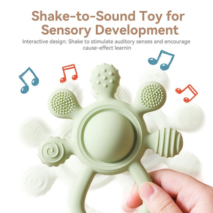 Silicone Teether,Food Grade Baby 0-12 Toys,Teething Rattle Sensory Toys for Toddlers,Silicone Hand Bell,Silicone Soothing Toys