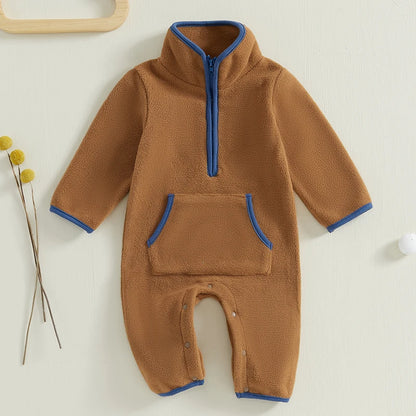 Lioraitiin 0-12M Autumn Winter Baby Boys Fleece Romper Long Sleeve Stand Collar Pockets Plush Overalls Jumpsuits with Zipper