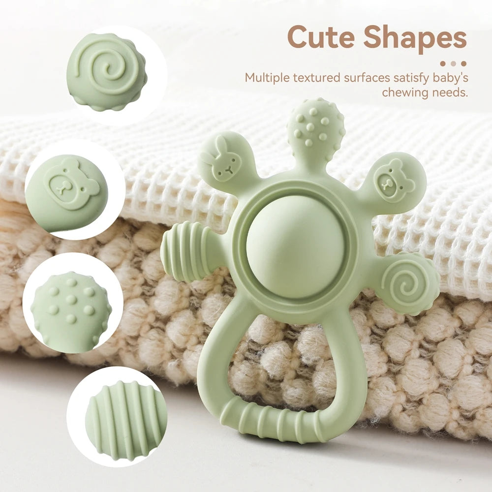 Silicone Teether,Food Grade Baby 0-12 Toys,Teething Rattle Sensory Toys for Toddlers,Silicone Hand Bell,Silicone Soothing Toys