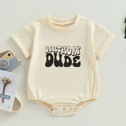 Birthday Boy Cute Retro Bubble Romper Wavy Letters Boys Birthday Jumpsuit Toddler Baby Short Sleeve Summer Oversized Jumpsuit