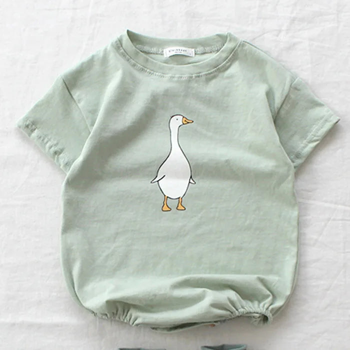Korean Style Summer Baby Boy Bodysuit Cartoon Goose Print O-neck Short Sleeve Jumpsuit  Newborn Cotton Crawling Clothes E7325