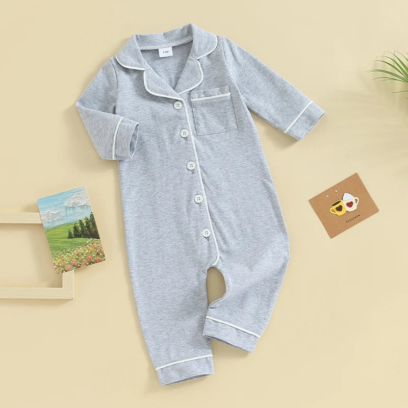 Baby Boys Girls Rompers Pajamas Patchwork Turn-Down Collar Buttons Long Sleeve Infant Jumpsuits Sleepwear Spring Fall Nightwear