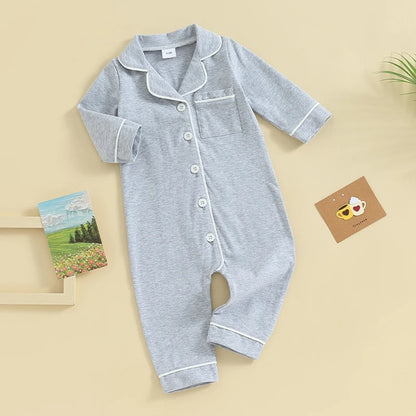 Baby Boys Girls Rompers Pajamas Patchwork Turn-Down Collar Buttons Long Sleeve Infant Jumpsuits Sleepwear Spring Fall Nightwear
