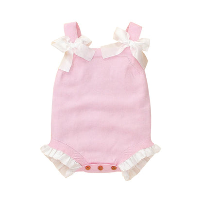 Adorable Bowknot Spaghetti Straps Knitted Sleeveless Newborn Baby Girls Cotton Rompers Breathable Baby Bodysuit For Summer