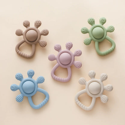 Silicone Teether,Food Grade Baby 0-12 Toys,Teething Rattle Sensory Toys for Toddlers,Silicone Hand Bell,Silicone Soothing Toys