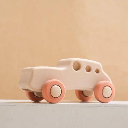 Baby BPA Free Silicone Car Ambulance Toys Wooden Cartoon Bus Teether Educational Montessori Toys For Children Teething Baby Toys