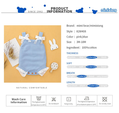 Adorable Bowknot Spaghetti Straps Knitted Sleeveless Newborn Baby Girls Cotton Rompers Breathable Baby Bodysuit For Summer