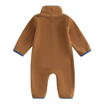 Lioraitiin 0-12M Autumn Winter Baby Boys Fleece Romper Long Sleeve Stand Collar Pockets Plush Overalls Jumpsuits with Zipper