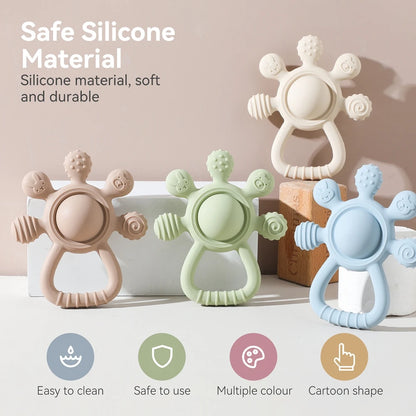 Silicone Teether,Food Grade Baby 0-12 Toys,Teething Rattle Sensory Toys for Toddlers,Silicone Hand Bell,Silicone Soothing Toys