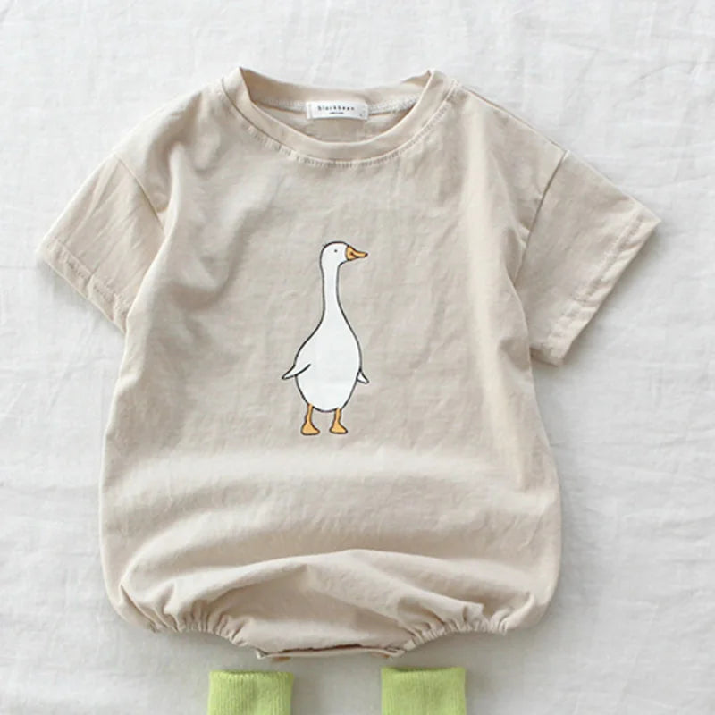 Korean Style Summer Baby Boy Bodysuit Cartoon Goose Print O-neck Short Sleeve Jumpsuit  Newborn Cotton Crawling Clothes E7325