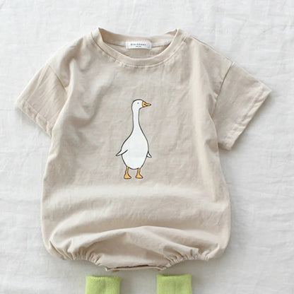 Korean Style Summer Baby Boy Bodysuit Cartoon Goose Print O-neck Short Sleeve Jumpsuit  Newborn Cotton Crawling Clothes E7325