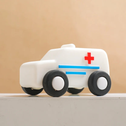 Baby BPA Free Silicone Car Ambulance Toys Wooden Cartoon Bus Teether Educational Montessori Toys For Children Teething Baby Toys