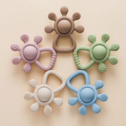 Silicone Teether,Food Grade Baby 0-12 Toys,Teething Rattle Sensory Toys for Toddlers,Silicone Hand Bell,Silicone Soothing Toys