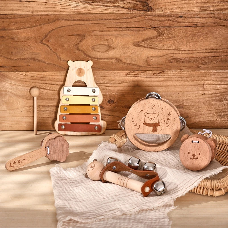 Kids Wooden Montessori Toys Musical Instruments Rattle Bell Drum Xylophone Percussion for Baby Early Educational Instruments Toy