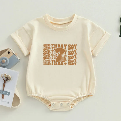 Birthday Boy Cute Retro Bubble Romper Wavy Letters Boys Birthday Jumpsuit Toddler Baby Short Sleeve Summer Oversized Jumpsuit