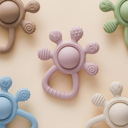 Silicone Teether,Food Grade Baby 0-12 Toys,Teething Rattle Sensory Toys for Toddlers,Silicone Hand Bell,Silicone Soothing Toys