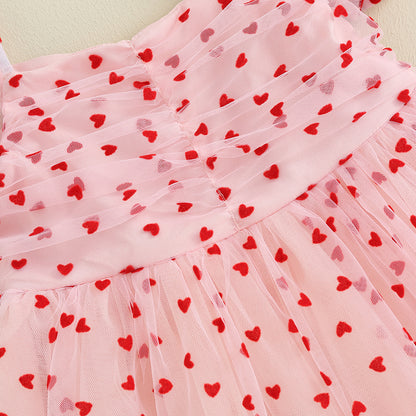 Lioraitiin 6M-4Y Cute Baby Girl Valentine’s Day Dress Heart Print Short Puff Sleeve Tulle Dress Cute Princess Dress
