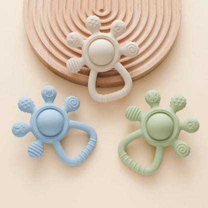 Silicone Teether,Food Grade Baby 0-12 Toys,Teething Rattle Sensory Toys for Toddlers,Silicone Hand Bell,Silicone Soothing Toys
