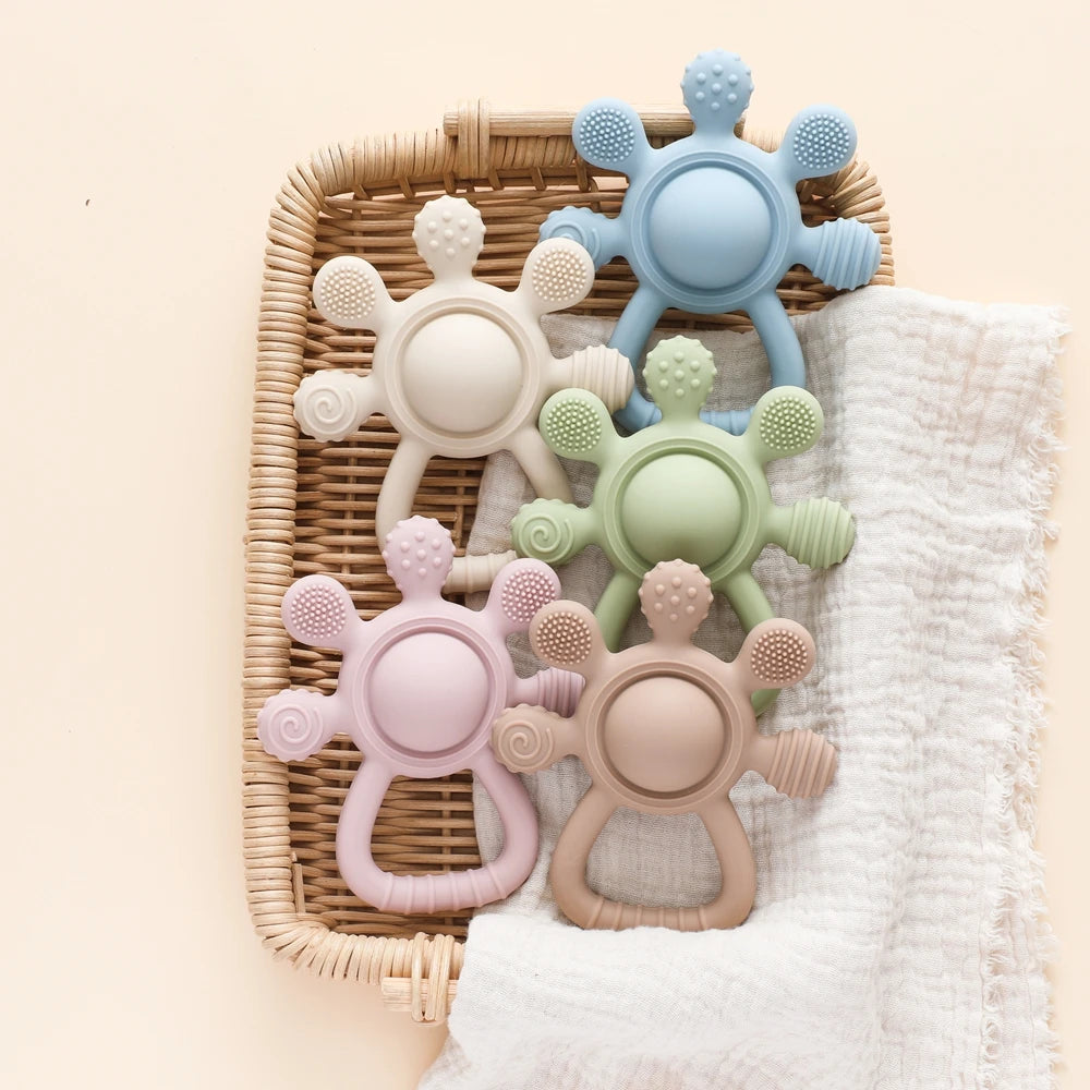 Silicone Teether,Food Grade Baby 0-12 Toys,Teething Rattle Sensory Toys for Toddlers,Silicone Hand Bell,Silicone Soothing Toys
