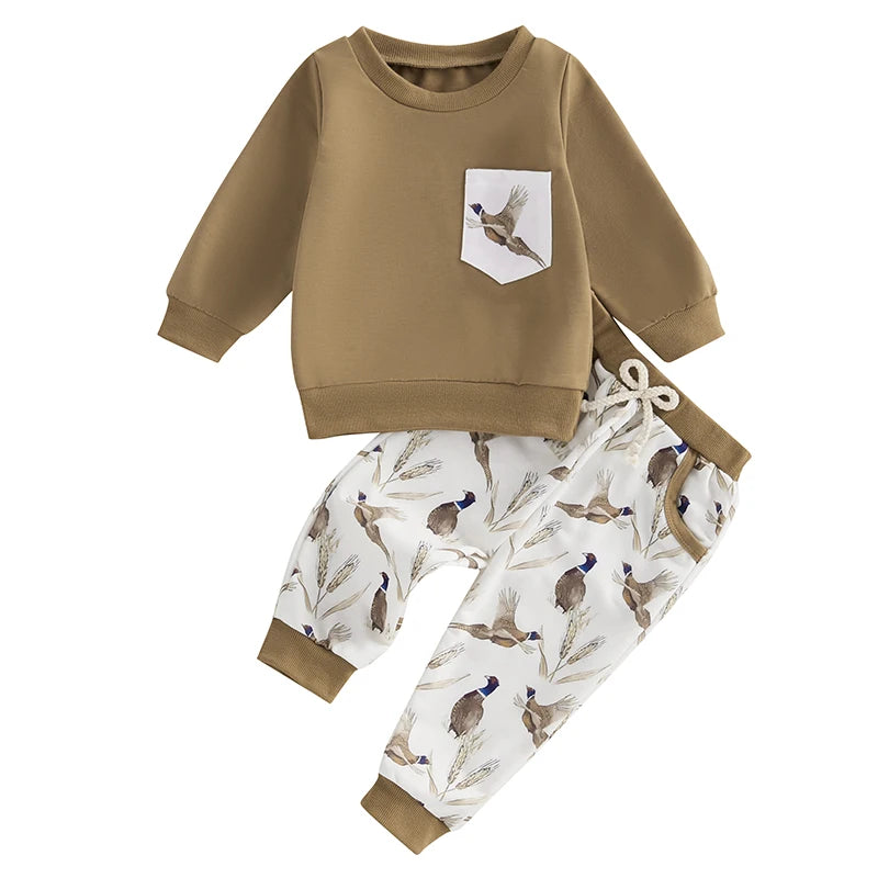 Lioraitiin Baby Boy Girl Outfits Wild Goose Print Pullover Sweatshirt Elastic Waist Pants with Pockets Clothes Set