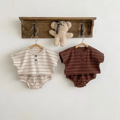 Children's clothing 0-3 year old summer new striped pure cotton boy T-shirt shorts set beach vacation girl short sleeved set