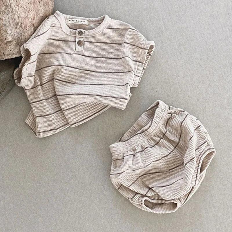 Children's clothing 0-3 year old summer new striped pure cotton boy T-shirt shorts set beach vacation girl short sleeved set