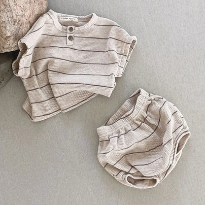 Children's clothing 0-3 year old summer new striped pure cotton boy T-shirt shorts set beach vacation girl short sleeved set