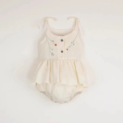Baby Girls Rompers Dress Summer Vintage Floral Infant Sleeveless Embroidery Jumpsuit for Toddler One-Piece Dress-like Bodysuits