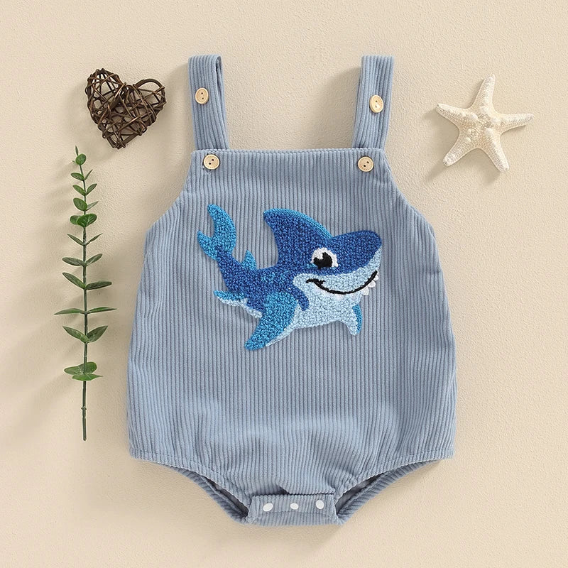 Lioraitiin Baby Girls Boys Summer Romper Sleeveless Dinosaur/Shark Embroidery Button Casual Romper