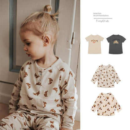 Tinyclvb Early Autumn Long Sleeves Slub Cotton Pullover Tops