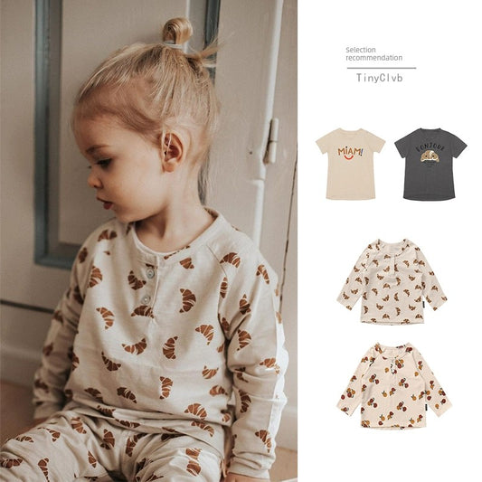 Tinyclvb Early Autumn Long Sleeves Slub Cotton Pullover Tops