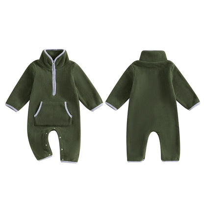Lioraitiin 0-12M Autumn Winter Baby Boys Fleece Romper Long Sleeve Stand Collar Pockets Plush Overalls Jumpsuits with Zipper